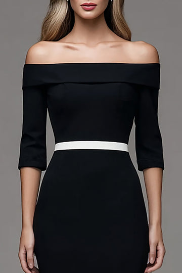 Off The Shoulder Black Pencil Midi Work Dress